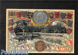 Postcard with stamps & coins pictured, Bussum