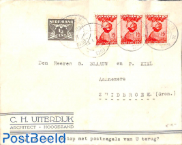 Letter from Hoogezand to Zuidbroek with child welfare stamps