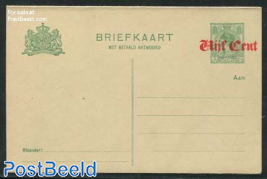 Postcard with answer, Vijf Cent on 3c green, green cardboard