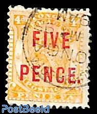 FIVE PENCE on 4p, used