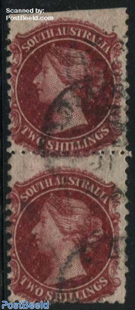 2Sh, used pair, upper stamp cut on top
