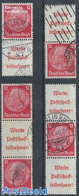Hindenburg, 4 vertical strips (12Pf and tabs)