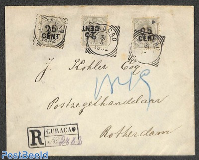 Registered letter to Rotterdam with 3x 25CENT overprints