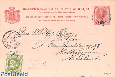 Postcard from CURACAO to Rotterdam, uprated with 2.5c stamp
