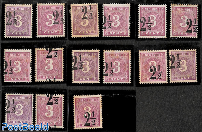 Collection of 15 moved overprints (used and unused, all without gum)