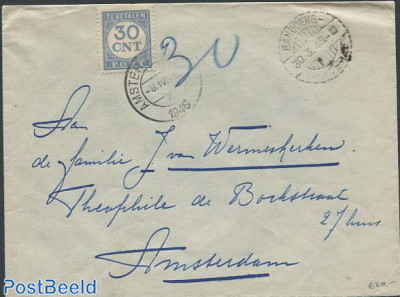 Envelope from Java to Amsterdam, via Bandoeng. Postage due 30c