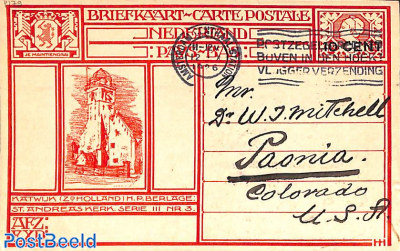 Postcard 10 cent on 12.5c, Katwijk, sent to USA