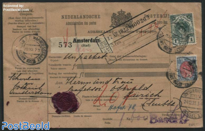 Parcel card for shipment from Amsterdam to Zuerich