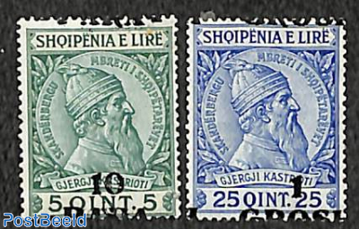 10p and 1g overprints, stronly moved (lot of 2 stamps)
