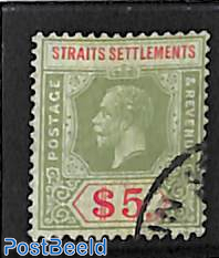 Straits Settlements, $5, reverse green, used