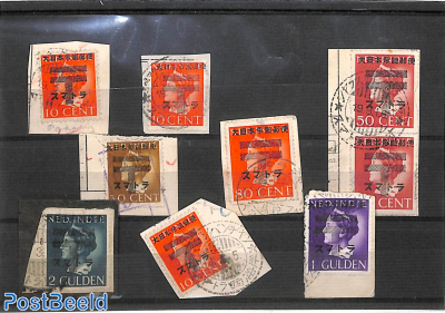 Overprints, lot with 9 used stamps on pieces of shipments