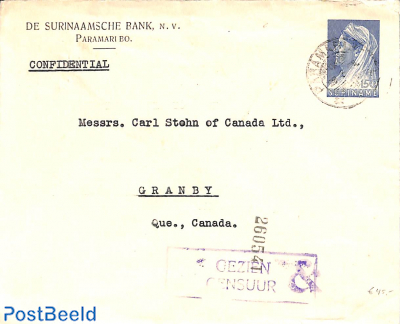 Envelope 15c, from Paramaribo to Granby (Canada), with postmark: GEZIEN CENSUUR