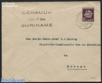 Envelope 7.5c, Censored in Suriname, sent from Paramaribo to Moengo