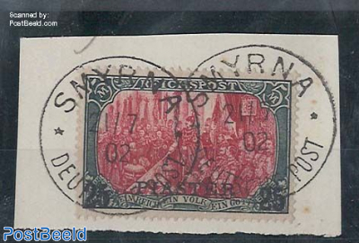 German Post, 25Pia on 5M, overprint without serif, narrow numbers on original stamp, used on piece o