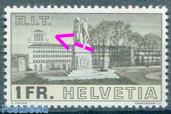 1Fr, Plate flaw, Colour line over tower